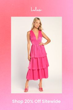 Be the best dressed at your next soiree in the Lulus Peak Party Vibe Hot Pink Satin Tiered Tie-Back Midi Dress! Sleek satin shapes this dress that has wide straps that flow into the gathered bodice and frame a plunging V-neckline (and back). A banded waist ties together at back and tops a flouncy, tiered midi skirt. Hidden back zipper/clasp. Fit: This garment fits true to size. Length: Mid-calf length. Size medium measures 48" from shoulder to hem. Bust: Great for any cup size. Waist: Fitted - v Tiered Midi Skirt, Dress With Tie, Lulu Fashion, Satin Midi Dress, Dress 100, Pink Satin, Tie Backs, Midi Skirt, Hot Pink