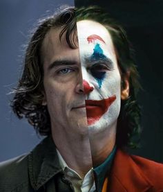 the joker and superman movie characters are split by their faces, one is wearing a clown's face