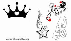 two hand drawn crowns with hearts and stars in the middle, one is holding a star