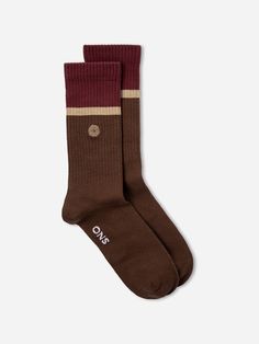 Dark Earth/Wine Red Stripe ONS Stripe Socks Logo Stretch Cozy Cotton Ribbed Socks, Cozy Ribbed Cotton Socks, Striped Socks For Winter Stocking Stuffer, Striped Socks For Stocking Stuffers In Winter, Casual Brown Socks For Fall, Brown Ribbed Winter Socks, Casual Fall Socks With Ribbed Cuffs, Casual Socks With Ribbed Cuffs For Fall, Striped Cotton Socks For Winter