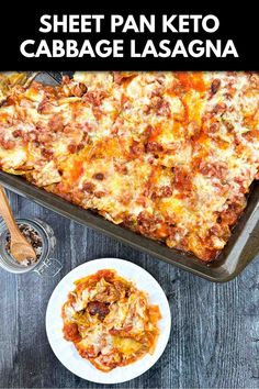 a casserole dish with meat and cheese on it, next to a plate