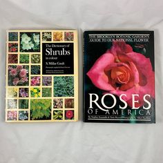 two books about shrubs and flowers on a white sheet with the title roses of america