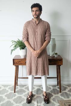 Buy Contrast By Parth Brown Embroidered Georgette Chikankari Kurta And Pant Set Online | Aza Fashions Kurtha Designs For Men Wedding, Brown Chikankari Kurta, Man Kurta Designs Style, Kurta Ideas Men, Mens Ethnic Wear Kurta, Men Kurta Designs Style, Kurta Outfit, Traditional Indian Mens Clothing