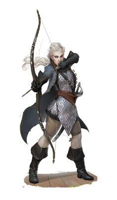 a woman with white hair holding a bow and arrow