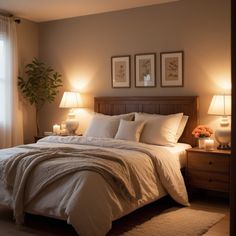 a large bed sitting in a bedroom next to two lamps on either side of it