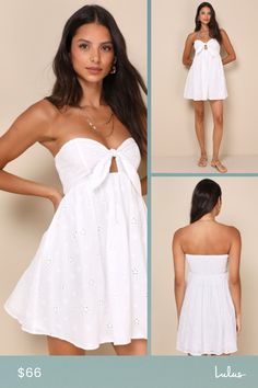 Summer sandals, sunny days, and the Lulus Sweetly Vibing White Eyelet Strapless Tie-Front Mini Dress are a perfect match! Airy woven cotton, with floral-inspired eyelet embroidery throughout, shapes this adorable dress that has a strapless bodice with a sweetheart neckline atop a tie-front bodice with fitted smocking at the back. Cutout detail tops a high waist that continues into a flaring skirt with a mini hem. Fit: This garment fits true to size. Length: Mid-thigh. Size medium Bust: Great for Feminine Strapless Sundress For Spring, Breezy Cotton Sundress For Brunch, Beachy Sundress For Spring Day Out, Breezy Cotton Sundress For Summer, Spring Beachy Sundress For Day Out, Summer Style Sundress For Spring Outings, Summer Style Sundress For Outings, Summer Strapless Sundress For Brunch, Strapless Summer Sundress For Brunch