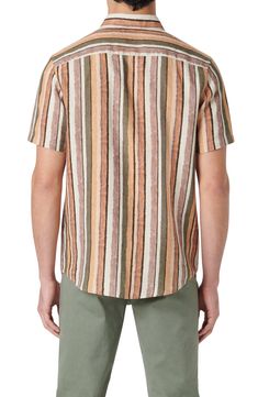 Painterly stripes give artistic flair to this button-up shirt made for enjoying sunny days and casual nights in the comfort of soft, breathable linen. 30" length; 44" chest Front button closure Spread collar Short sleeves 100% linen Dry clean Imported Horizontal Stripe Button-up Shirt For Summer, Summer Button-up Shirt With Horizontal Stripes, Summer Horizontal Stripe Button-up Shirt, Summer Linen Yarn-dyed Shirt, Relaxed Fit Yarn-dyed Linen Shirt, Linen Yarn-dyed Relaxed Fit Shirt, Spring Linen Yarn-dyed Shirt, Yarn-dyed Linen Tops For Summer, Casual Shirt With Vertical Stripes For Vacation