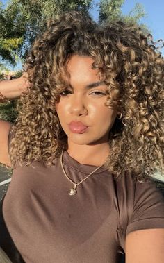 Honey Brown Highlights On Black Hair, Short Curly Hair Highlights, Honey Blonde Curly Hair, Black Hair With Brown Highlights, Biab Nail, Curly Hair Dos, Highlight Colors, Curly Color