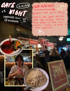 a man sitting at a table in front of a plate of food with the words date night written on it