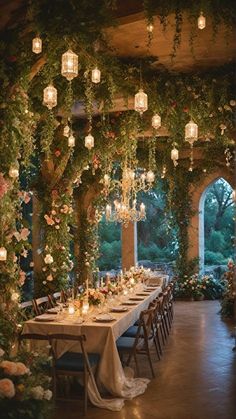 an outdoor dining area decorated with greenery and hanging lanterns is lit up by candles