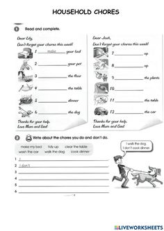 the worksheet for household chores is shown in black and white, with an image of