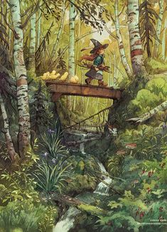 a painting of a witch crossing a bridge in the woods