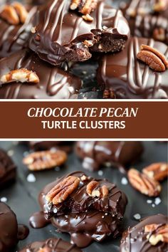 chocolate pecan turtle clusters are stacked on top of each other