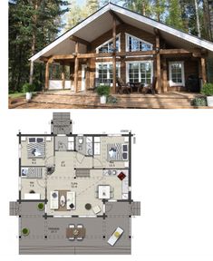 the floor plan for a small cabin house with two levels and an open living area