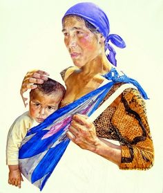 a painting of a woman holding a child with blue scarves on her head and wearing a bandana