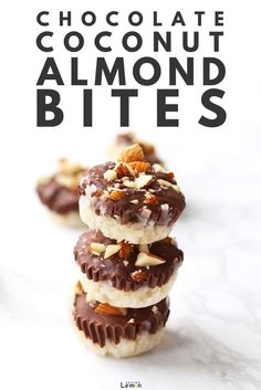 chocolate coconut almond bites stacked on top of each other with the words, chocolate coconut almond bites