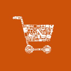 a shopping cart filled with lots of different items on an orange background, which includes icons