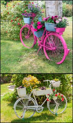 two pictures of pink bicycles with flowers in them