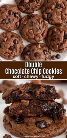 double chocolate chip cookies are stacked on top of each other and the bottom is full of chocolate chips