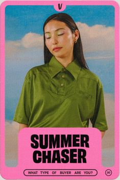 a woman with her eyes closed wearing a green shirt and pink frame around her neck