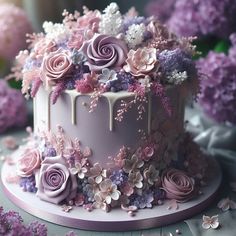 there is a cake decorated with flowers and icing