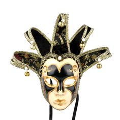 PRICES MAY VARY. This beautiful art mask can be hung on a wall as decoration or worn using black ribbon attached on each side of the face. At the end of each point is a bell and a faux pearl. Jester points are bendable so you may adjust to your liking. The mask is quite admirable with the classic details hand painted Celebrate carnivale, mardi gras parties and festivals in a creative fashion. Material: High Quality Eco-friendly Resin, brocade , glitter, faux pearls Size: 27.2*18.2in,One size fit Comedy Mask, Masquerade Mask Costume, Masquerade Ball Masks, Jester Mask, Masquerade Halloween, Venetian Masquerade Masks, Ball Mask, Mask Types, Venetian Masquerade