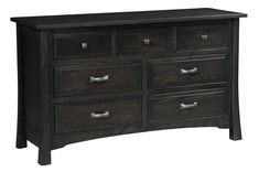 a black dresser with six drawers and two doors on the top shelf, in front of a white background