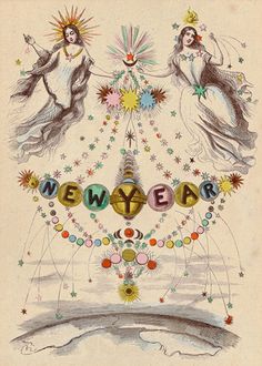 an old fashioned new year's card with three women and stars on it,