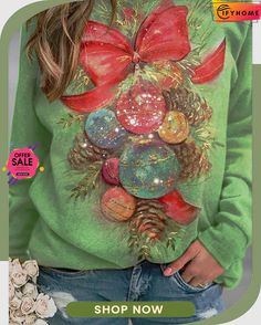 Loose Christmas Casual Jersey Sweatshirt Festive Long Sleeve Holiday Top, Festive Long Sleeve Tops For Holiday, Festive Long Sleeve Top For Holidays, Long Sleeve Tops For Holiday Festivities, Casual Christmas Sweater For Festive Occasions, Casual Festive Sweatshirt For Fall, Green Tops For Fall Holiday, Casual Fall Festive Sweatshirt, Christmas Festive Long Sleeve Tops