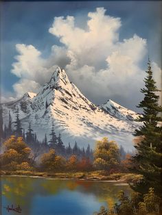 a painting of a snow covered mountain with trees in the foreground and a lake below