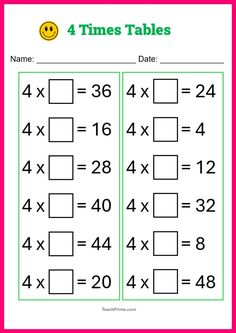 four times table worksheet for kids to practice their math skills and help them learn numbers