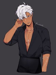 an anime character with white hair and black shirt, holding his hand to his face