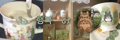 two mugs with designs on them sitting in front of a shelf filled with other items