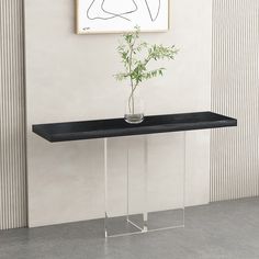 a black table with a vase and plant on it in front of a white wall