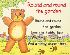 a drawing of a teddy bear standing in front of a tree with the words round and round the garden on it