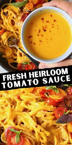 two pictures with different types of food in them and the words fresh heir tomato sauce