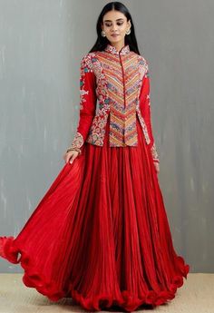 Red Indo Western Outfit, Modern Sleeves Design, Short Jacket Style Kurti, Frock Kurti Design, Dress Design For Eid, New Latest Dress, Jacket Style Kurti, Garba Dress, Carnival Outfit