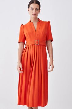 Petite Structured Crepe Forever Pleat Midi Dress Notched Neckline, Spring Weddings, Style Savvy, Tailored Dress, Pleated Midi Dress, Fabric Belt, For A Reason, Karen Millen, Elbow Length Sleeve