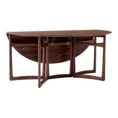 an oval wooden table with two open compartments