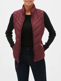 Puffer Vest | Gap Factory Versatile Sleeveless Vest For Winter, Casual Sleeveless Outerwear With Padded Collar, Sleeveless Outerwear With Zipper For Fall, Sleeveless Quilted Outerwear For Fall, Quilted Sleeveless Outerwear For Fall, Quilted Sleeveless Fall Outerwear, Nylon Vest With Zipper Closure For Fall, Fall Nylon Vest With Zipper Closure, Fitted Winter Vest With Zipper Closure