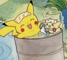 pikachu and other cartoon characters in a bucket