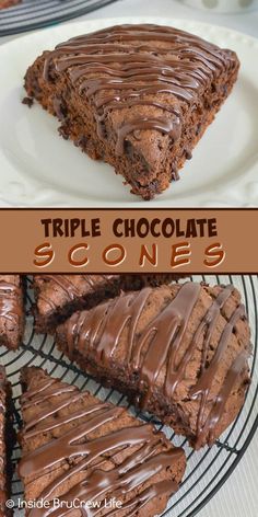 chocolate brownies on a wire rack with the words triple chocolate scones above them