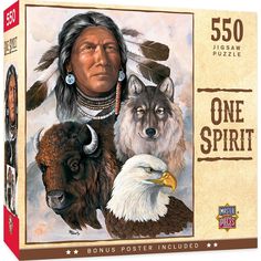 a puzzle box with an image of native american indians and two wolfs on it