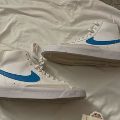 Nike Blazers Brand New Never Worn Blue High-top Skate Shoes For Spring, White Skate Shoes For School In Spring, White Spring Skate Shoes For School, Nike White Skate Shoes For School, Nike High-top Sneakers In Light Blue Casual Style, Nike Light Blue High-top Sneakers Casual, Nike Light Blue Casual High-top Sneakers, Nike Casual High-top Sneakers In Light Blue, White Nike Skate Shoes For School