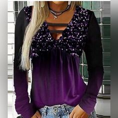 Holiday Long Sleeve Purple Sequin Top Nwt New Size Large Neckline V-Neck 65% Cotton 35% Elastane Large Fits Bust 41” Length 26” Sleeve 24” Purple Sequin Top, Puff Long Sleeve Top, Puff Long Sleeves, Party Tops, Sequin Top, Sleeves Pattern, Boho Tops, Print Top, Shoulder Length