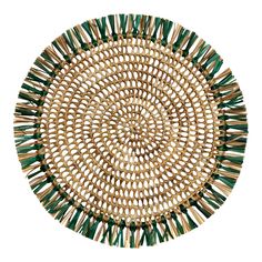 a woven placemat with green and gold trimmings on the edge, in front of a white background