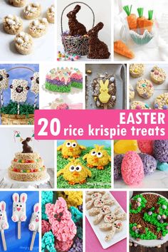 the collage has pictures of easter treats and desserts on it, including rice krispie treats