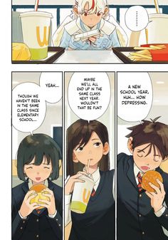 a comic strip with an image of two people eating donuts and drinking sodas