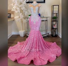 Pink Evening Dress With Sweep Train For Homecoming, Homecoming Evening Dress With Sweep Train In Pink, Pink Mermaid Dress For Prom, Pink Mermaid Dress For Prom Season, Pink Sequined Gown For Homecoming, Pink Mermaid Hem Prom Dress, Pink Mermaid Hem Prom Gown, Pink Mermaid Dress With Sweep Train For Prom, Glamorous Pink Mermaid Hem Gown