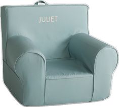 a blue chair with the name juliet on it's back and arms